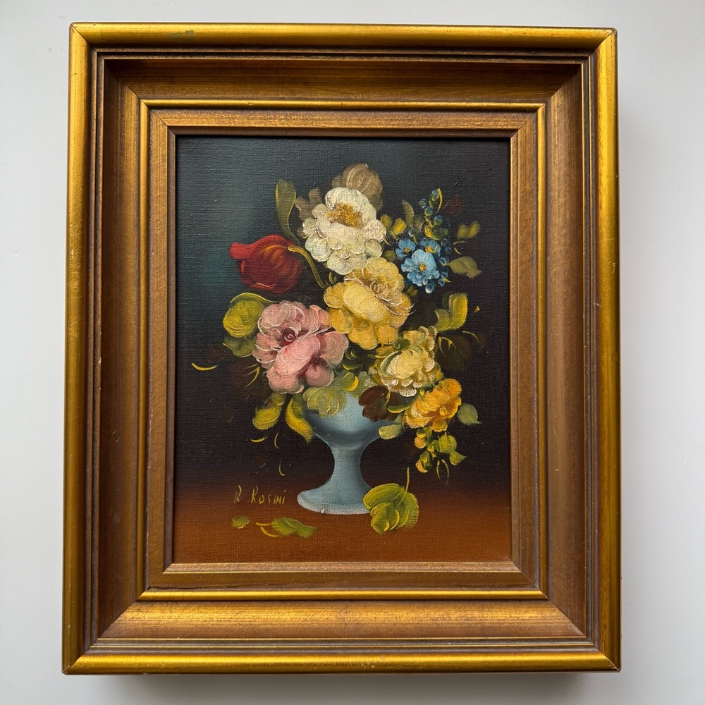 Vintage R. Rosini signed Floral Still Life Painting with Gold Frame